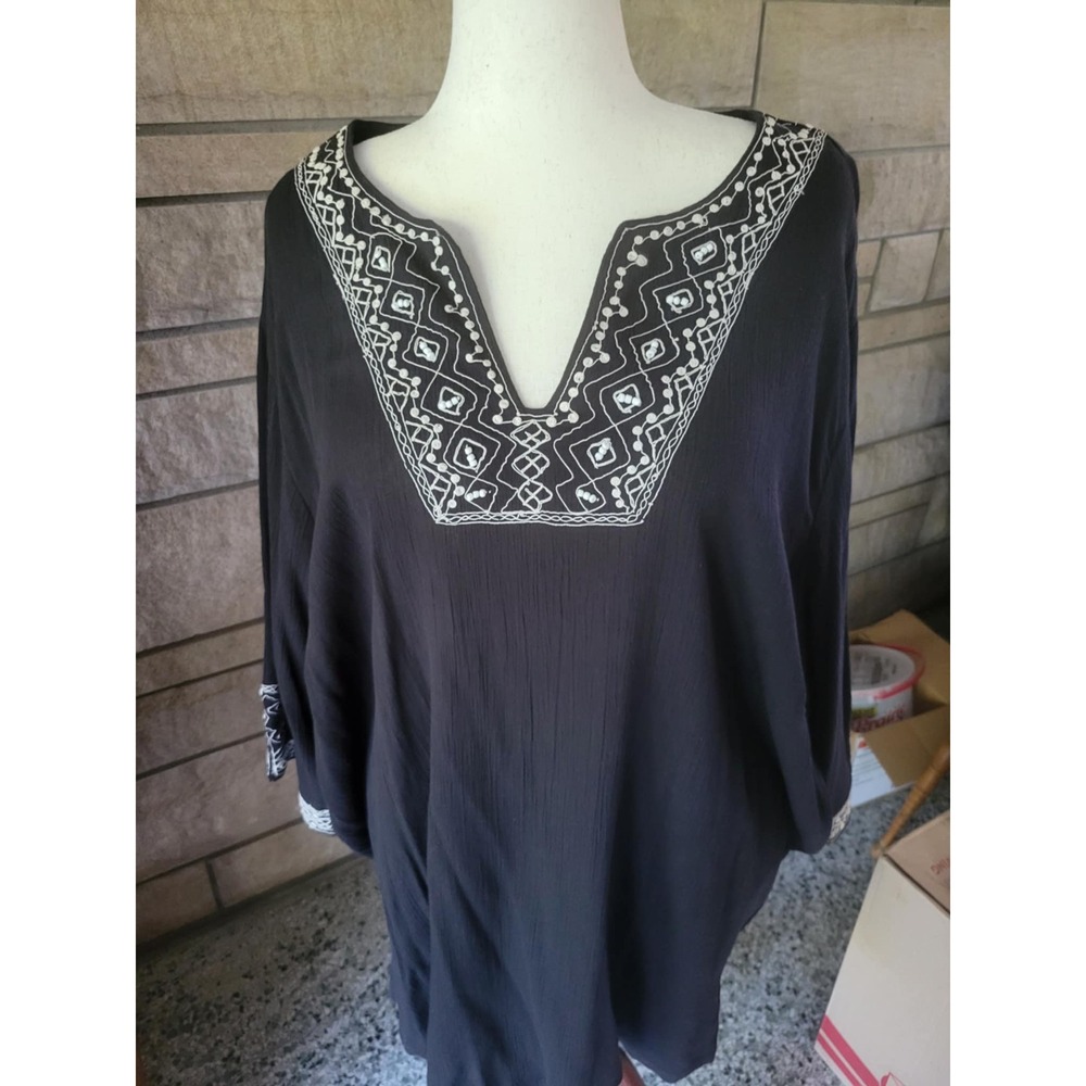 Liz&Me 4X‎ Black Embroidered Tunic Top Blouse Caftan Boho Bohemian